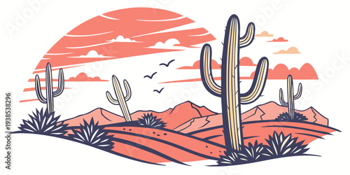 A serene desert landscape with cacti and a sunset in the background Vector