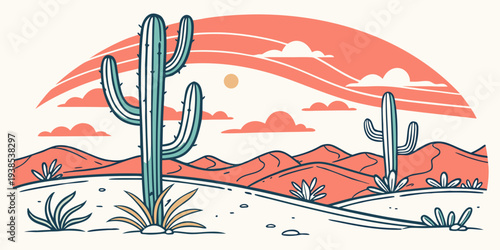 A serene desert landscape with cacti and a vibrant sunset in the background Vector