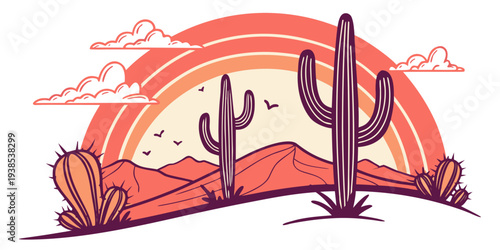 A vibrant and abstract illustration of a rainbow arching over a desert landscape with cacti. Vector