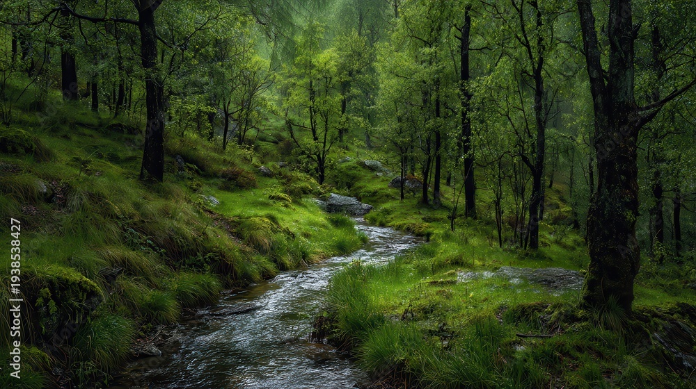 Obraz premium A serene stream flowing through a lush green temperate rainforest