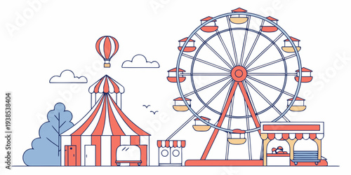 A vibrant amusement park scene with a roller coaster and a ferris wheel under a cloudy sky Vector