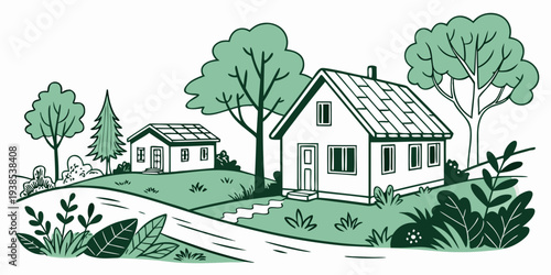 A charming countryside house surrounded by lush greenery and trees Vector