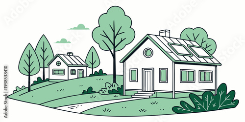 A charming suburban neighborhood with houses, trees, and a clear blue sky. Vector