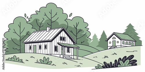 A charming countryside house surrounded by lush greenery and trees Vector