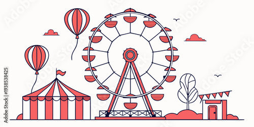 Colorful carnival scene with ferris wheel, tents, and hot air balloons Vector
