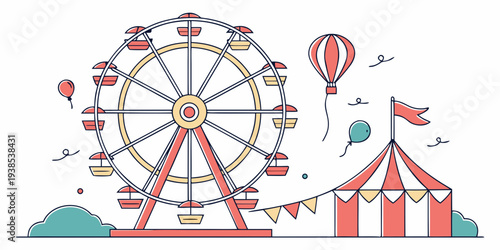 A vibrant and colorful illustration of a carnival with a ferris wheel, circus tent, and balloons Vector