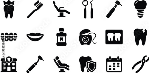 Collection of dental care and treatment icons for oral hygiene and health services