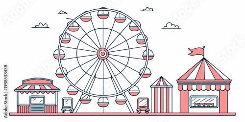 A vibrant amusement park with a ferris wheel and colorful buildings under a clear blue sky Vector