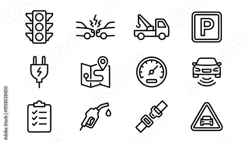 Car and driving linear icon set with traffic towing parking charging navigation editable stroke vector