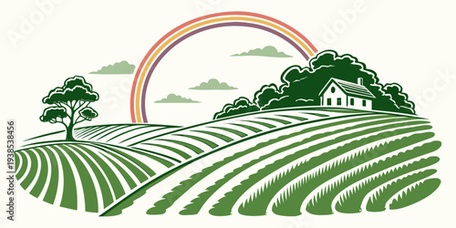 A serene landscape showcasing a lush green field with a rainbow arching overhead. Vector
