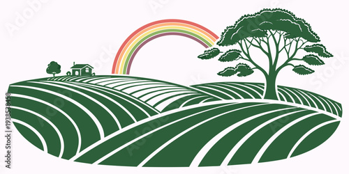 A vibrant landscape showcasing a lush green field with a rainbow arching over a grove of trees Vector