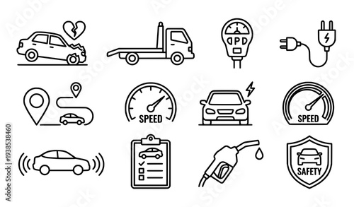 Automotive driving outline icon collection with traffic safety navigation charging editable stroke vector