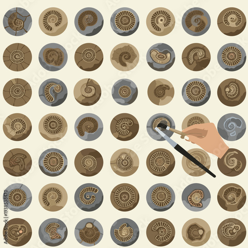 An illustration depicting a grid of ancient spiral fossils, with a hand carefully excavating one using a brush and tool.