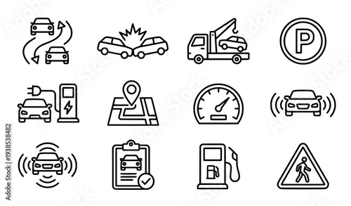 Driving and transportation line icon set with accident towing parking fuel and navigation vector