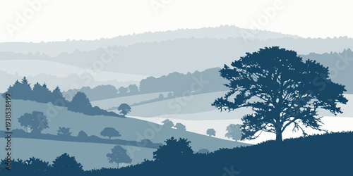 A serene landscape featuring a solitary tree on a hill overlooking a calm body of water Vector