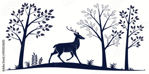 A serene silhouette of a deer in a forest with tall trees under a full moon Vector