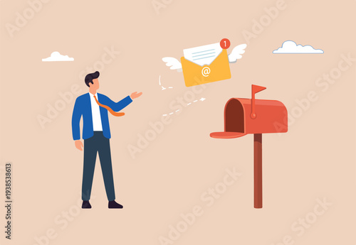 Email communication, subscribe newsletter, sending online envelope e-mail to user mailbox, digital inbox marketing engagement, send or receive notification, envelope email flying to mailbox