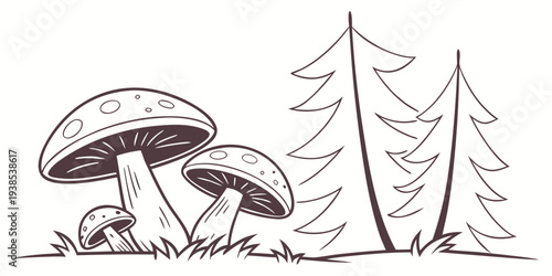 A serene forest scene with mushrooms and tall trees in a natural setting. Vector