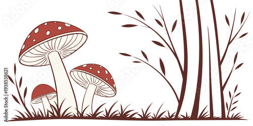 Two mushrooms growing in a grassy field with a tree in the background Vector