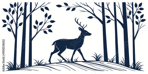 A majestic stag with large antlers standing in a serene forest clearing. Vector