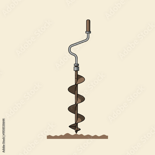 A hand-operated auger with a spiral bit drilling into brown soil.