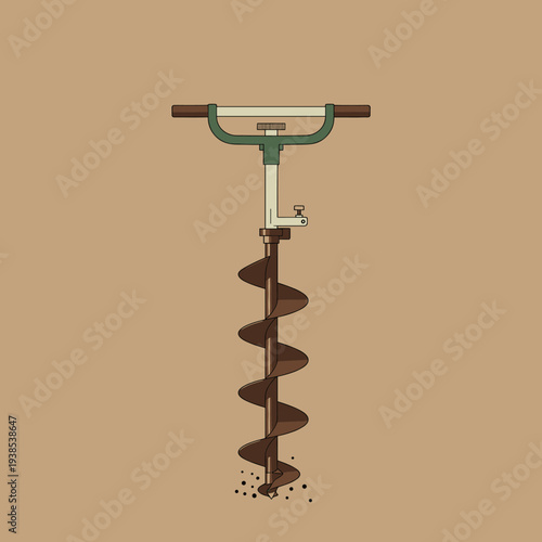 A hand-operated earth auger with a spiral drill bit digging into the ground, depicted in a flat illustration style.
