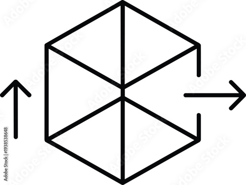 Minimalist black and white geometric cube icon illustration with diagonal divisions and directional arrows, symbolizing spatial orientation, vector directions, and 3D transformation concept design