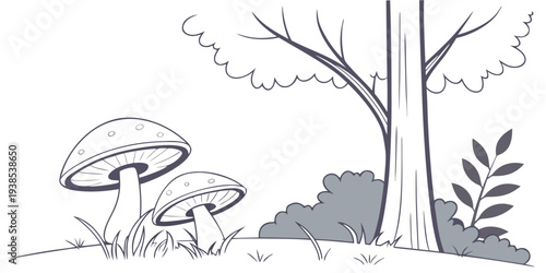 A serene forest scene with mushrooms and a small animal in the underbrush. Vector