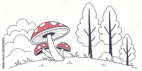 A whimsical illustration of a forest scene with mushrooms and trees Vector