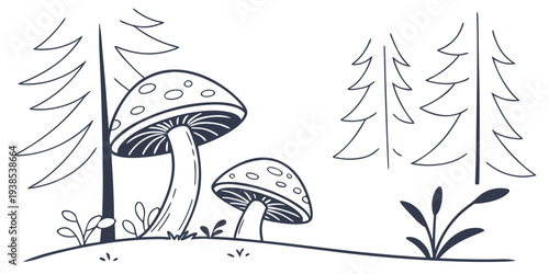 A serene forest scene with mushrooms and trees under a starry night sky Vector