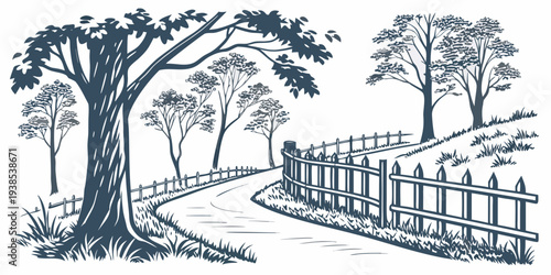 A serene park scene with a large tree and a wooden fence in the background Vector