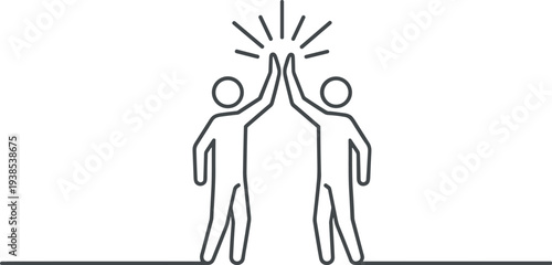 Minimalist black and white line drawing of two people giving high‑five, symbolizing teamwork, celebration, success, cooperation, and mutual agreement in modern conceptual illustration design