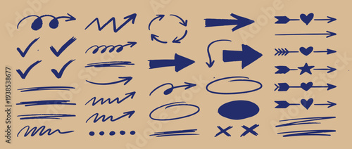 Crayon doodle scrapbook arrows for collage design. Hand drawn charcoal arrows, underlines and check marks on town beige paper. 