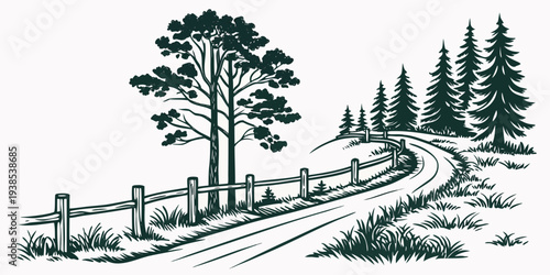 A serene countryside scene with a winding road and lush trees in the background. Vector