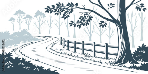 A serene winter landscape with a winding path through snow-covered trees. Vector