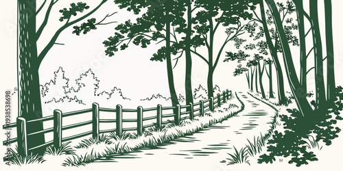 A serene and peaceful countryside scene with a wooden fence and lush trees Vector