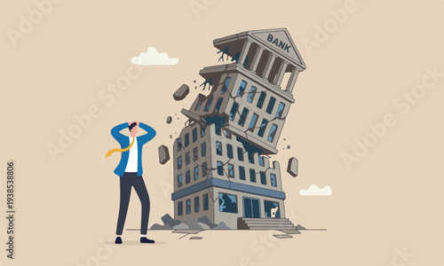 Banking bankruptcy crash or credit risk, failure or investment failure concept, frustrated businessman look at collapsing bank building.