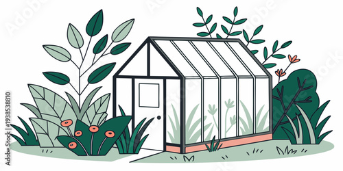 A serene greenhouse surrounded by lush greenery and vibrant plants. Vector