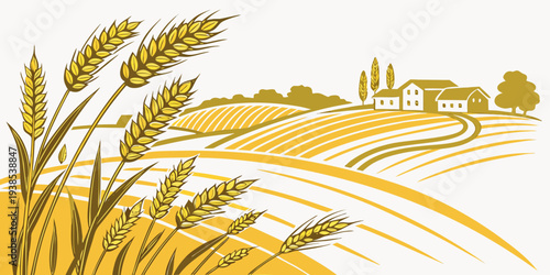 A picturesque countryside landscape with golden wheat fields and a distant village Vector