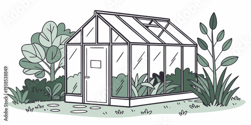 A serene greenhouse filled with lush plants and natural light Vector
