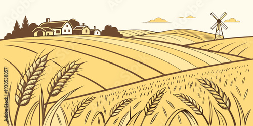 A serene landscape of a vast wheat field under a clear blue sky with distant trees. Vector