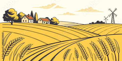 A picturesque landscape of rolling hills covered in golden wheat under a clear blue sky Vector