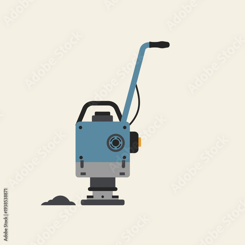Illustration of a blue and grey plate compactor machine used for soil or asphalt compaction on a light background.