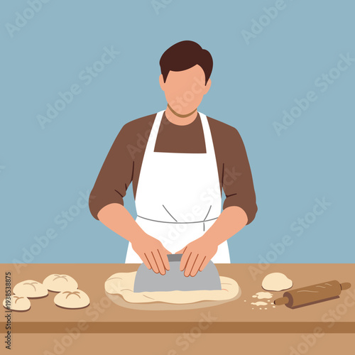 A man wearing an apron is using a dough scraper to prepare bread or pastry dough on a wooden table with flour and a rolling pin.