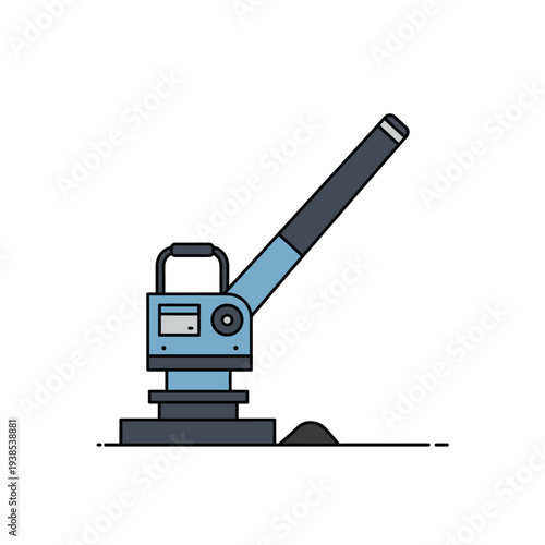 A blue and grey plate compactor machine for construction or ground work illustrated in a flat style.