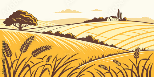 A picturesque landscape of a vast wheat field under a clear blue sky with a lone tree. Vector