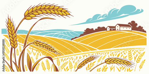 A picturesque view of golden wheat fields under a clear blue sky with fluffy clouds. Vector