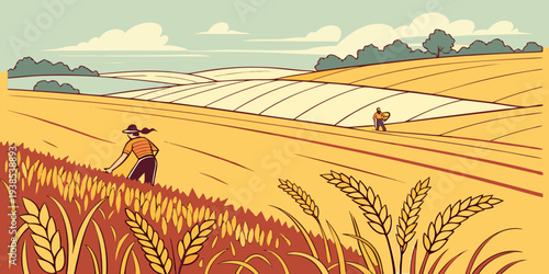 A serene landscape of golden wheat fields under a vast blue sky with distant mountains Vector