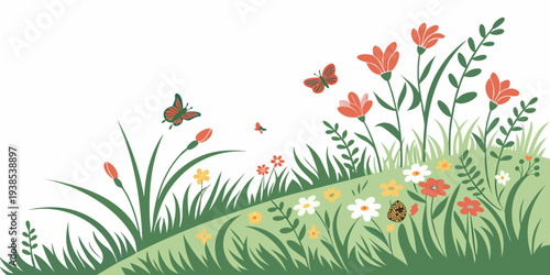 A vibrant and colorful illustration of a meadow with flowers and butterflies. Vector