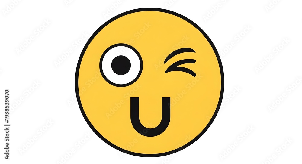 Fototapeta premium Minimal winking smiley face icon with one wide open eye and playful U‑shaped mouth on a bright yellow circle, perfect for friendly messages, humorous branding, chat stickers and modern social media re